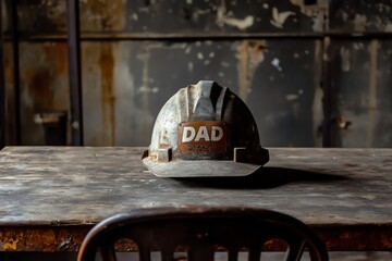 Fototapeta premium Worn Hard Hat, Dad, Rustic Table, Industrial Background