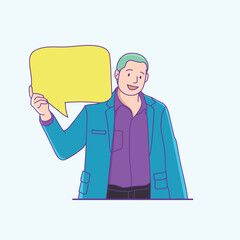 Man holding a speech bubble. Vector illustration in a flat style
