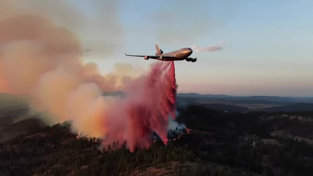 An air tanker drops red fire retardant on a raging forest fire.