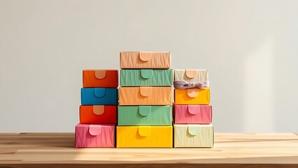 Obraz premium Colorful package boxes neatly stacked on a wooden table, showcasing modern packaging design.