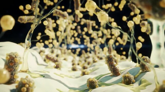 through dental plaque, revealing Streptococcus mutans bacteria thriving like a bustling cityscape across enamel