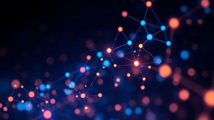 Abstract network of glowing nodes and connections in blue and orange floating in space.