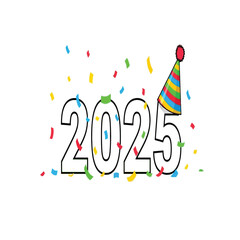 Festive 2025 New Year's design with confetti and party hat.