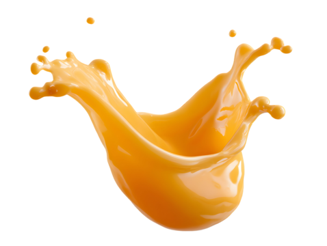 A symmetrical crown splash of vibrant orange juice with scattered droplets. Isolated on a soft grey background, it conveys a burst of fresh, liquid energy.