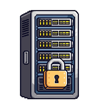 Secure server rack with padlock, pixel art style, data protection, digital security.