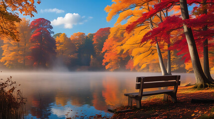 Fototapeta premium Sunlit fence framed by vibrant orange and yellow trees, glowing sky, HD and 4k image