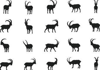Silhouette of Mountain Goats, Wild Ibex Herd Illustration, Wildlife Animal Design, Alpine Goat Art, Nature Landscape, Vector Icons Set