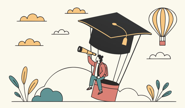 Education or knowledge to growth career path, working skill to success in work, learn or study new course for business success concept, mini character of businessman fly in a huge black graduation mor