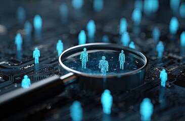 Magnifying glass focuses on digital human figures on a circuit board, symbolizing data analysis and people search