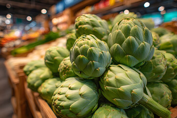Pile of fresh artichoke globes on counter in grocery store. Organic vegetables. Healthy natural vegetarian product concept