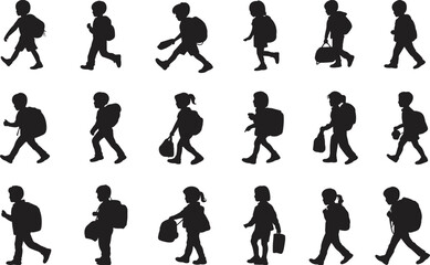 Silhouettes of School Children Walking with Backpacks, Kids Outline Illustration, Educational Concept Art, Students Walking Vector Set for Design
