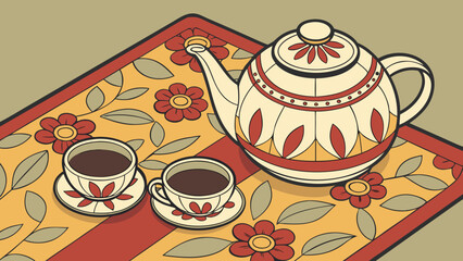 Still life illustration of a teapot and two cups on a floral patterned mat on a table top view