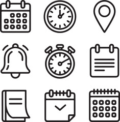 Date & Time Outline Icons Set – Calendar, Clock, Location Pin, Stopwatch, Alarm Bell, Planner, Reminder Note, Schedule Symbol