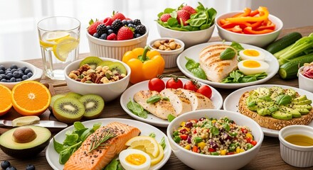 Healthy balanced diet with fresh fruit, protein, and vegetables for vibrant wellness and nutrition