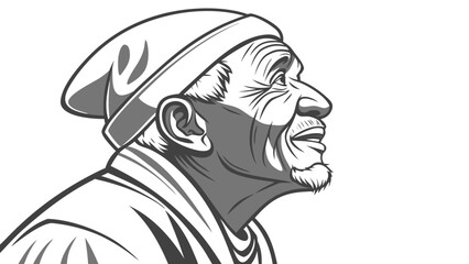 Illustration of a smiling elderly man with a hat in black and white side profile view portrait art