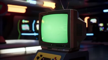 Retro CRT TV with Green Screen on Arcade Machine in Neon Lit Gaming Room - Powered by Adobe
