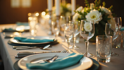 Elegant table setting with turquoise napkins, white plates, glassware, silver cutlery, and floral centerpiece creates sophisticated and romantic atmosphere for wedding reception dinner