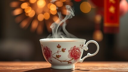 Porcelain teacup with peony motifs, steam rising as bokeh lights mimic festive fireworks.