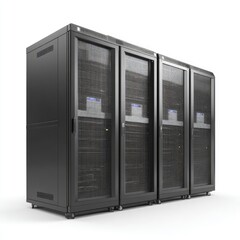 Fototapeta premium Three black server racks with mesh doors, standing on wheels, against a white background