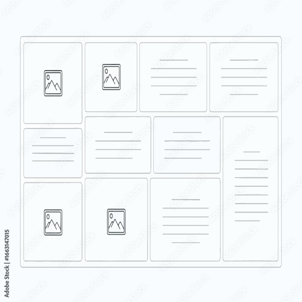 Fototapete a clean, minimalist wireframe layout displaying a grid of content placeholders for images and text, 