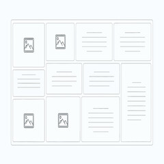 A clean, minimalist wireframe layout displaying a grid of content placeholders for images and text, suitable for web or app design templates.