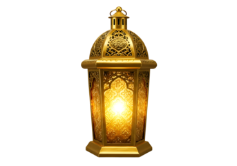 Elegant golden lantern glows softly, casting warm light perfect for Ramadan celebrations and cultural events invoking a sense of tradition and spiritual reflection