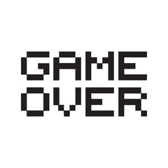 Game Over pixelated text message. Retro 8-bit video game screen font. Vintage gaming typography vector illustration isolated on white background.
