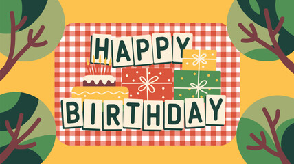 Happy birthday celebration with cake gifts and picnic blanket surrounded by cartoon trees illustration