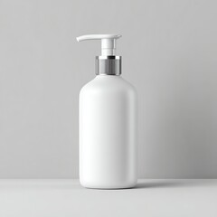 A white pump bottle with a silver cap sits on a white surface against a light gray background.
