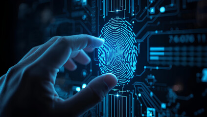 Cybersecurity concept, a human hand scanning a digital fingerprint to access a secure system.