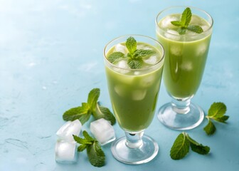 Two Glasses of Refreshing Green Mint Smoothie with Ice on Blue Background