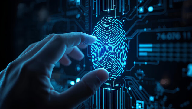 Cybersecurity concept, a human hand scanning a digital fingerprint to access a secure system.