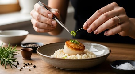 Seared Scallop Dish Preparation: A Culinary Masterpiece in the Making, Plating a Pan-Seared Scallop with Risotto and Microgreens for Gourmet Presentation