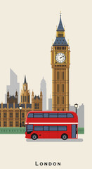Obraz premium A stylized illustration of London featuring a red double-decker bus, Big Ben, and the Houses of Parliament.