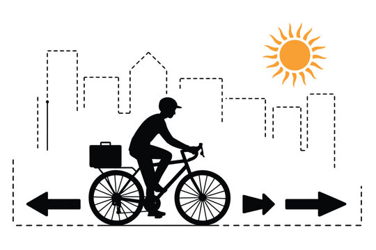 A silhouette of a cyclist with a briefcase riding through a city under a bright sun illustration - Powered by Adobe