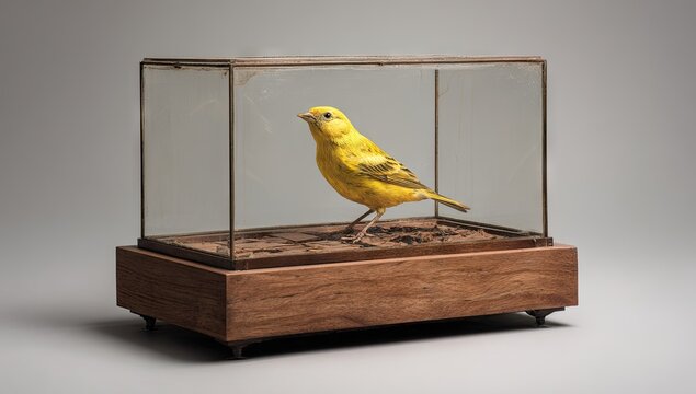 Taxidermied yellow bird in antique glass case