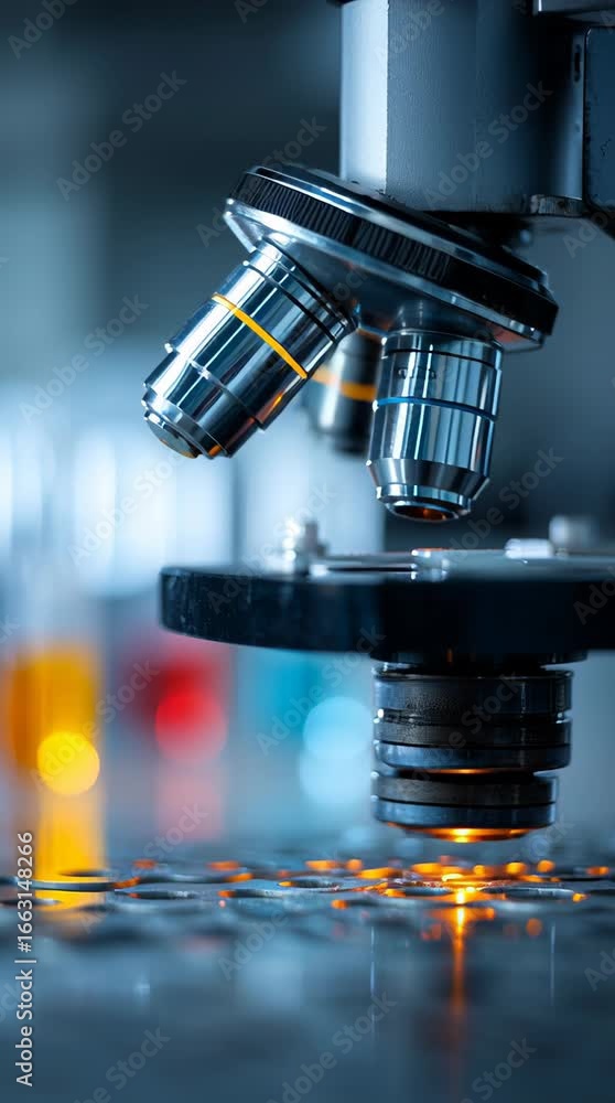 Poster exploring laboratory research with advanced microscope and colorful samples