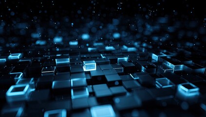 Obraz premium Glowing blue cubes form a digital landscape with depth and motion
