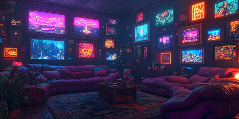 Neon Art Gallery with Colorful Framed Digital Paintings in Dark Lounge