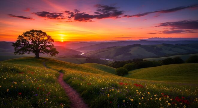 A serene sunset illuminates a picturesque landscape with a lone tree