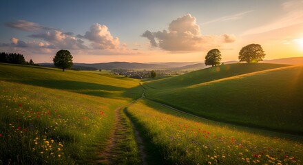 Obraz premium Rolling hills and golden light create a serene landscape at sunset time