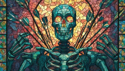 Teal skeleton, pierced by arrows, in stained-glass style