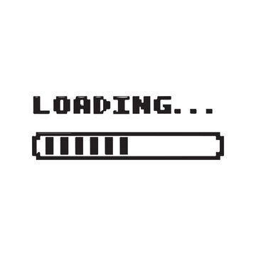 Retro pixel art loading bar and text. Vintage 8-bit video game screen interface, computer progress indicator vector illustration.
