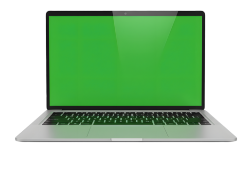 Sleek portable laptop with a vivid green screen display, perfect for showcasing innovative software, modern website designs, or engaging digital content mockups seamlessly
