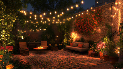 Cozy Outdoor Patio with String Lights and Comfortable Seating at Night