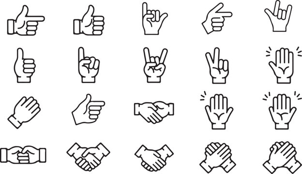 Black and white hand gestures and handshake icons set showing various hand signs and agreements
