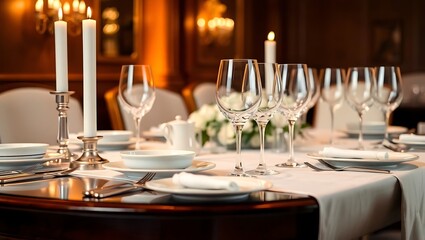 Restaurant table setting prepared for dinner with glasses plates cutlery and napkins arranged for dining or celebration