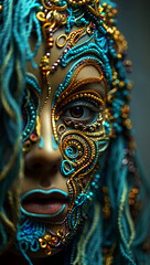 Naklejka premium Close-up of a woman's face adorned with intricate blue and gold beaded mask image photo