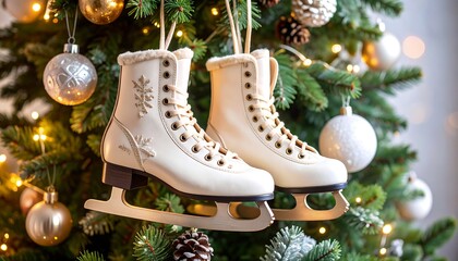 Elegant cream-colored ice skates hanging on a decorated Christmas tree