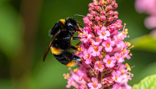 Bee pollinating pink flower close-up (1)